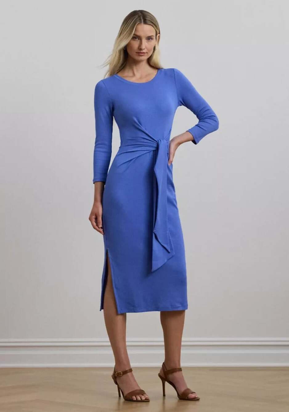 Lauren Ralph Lauren Size XS Blue Tie-Front Cotton-Blend Crew Neck Midi Dress NWT